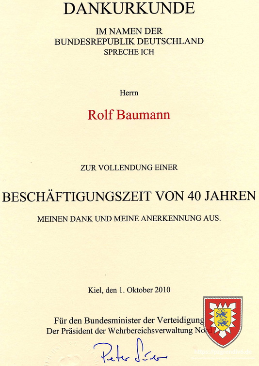 Dankurkunde 40Jahre Beschäftigungszeit